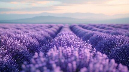 Obraz premium Rows of lavender flowers in a field, mountains in the distance Hazy sky background