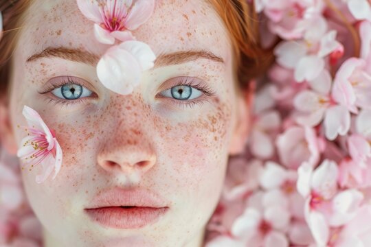 portrait of abeautiful woman face with cherry or apple blossom