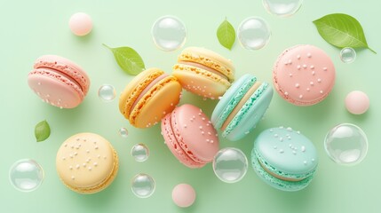 Whimsical Anime-Inspired Macarons with Soap Bubbles and Fresh Greenery, Generative Ai