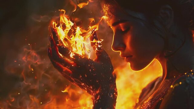 A woman bows her head towards a flame she holds in her hands, creating a powerful and intimate scene. The warm glow of the fire illuminates her face, symbolizing strength, contemplation, and inner lig