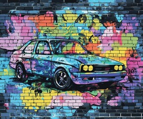 Brick wall with bright multicolored graffiti in the form of a retro car in blue. Vibrant color of paint blots, splatters, tags on a dark wall. Photo wallpaper for a boy