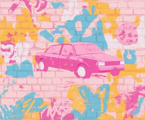 Brick wall with bright multicolored graffiti in the form of a retro pink car. Vibrant color of paint blots, splashes, tags yellow, turquoise, soft pink