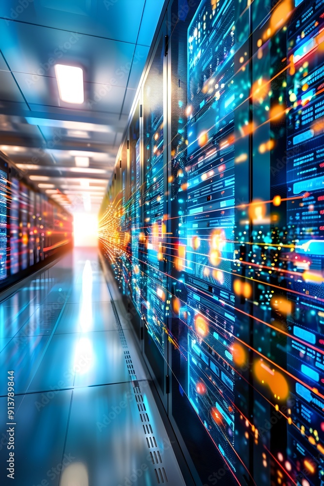 Poster server room with data flow and light.