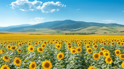 Obraz premium A vast sunflower field, centrally located, borders a mountain range in the background