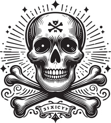 Vintage skull and crossbones monochrome template vector  on white background. Classic Skull and Crossbones: Monochrome Vector Design