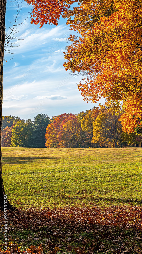 Poster Tranquil Autumn Meadow with Vibrant Fall Foliage  