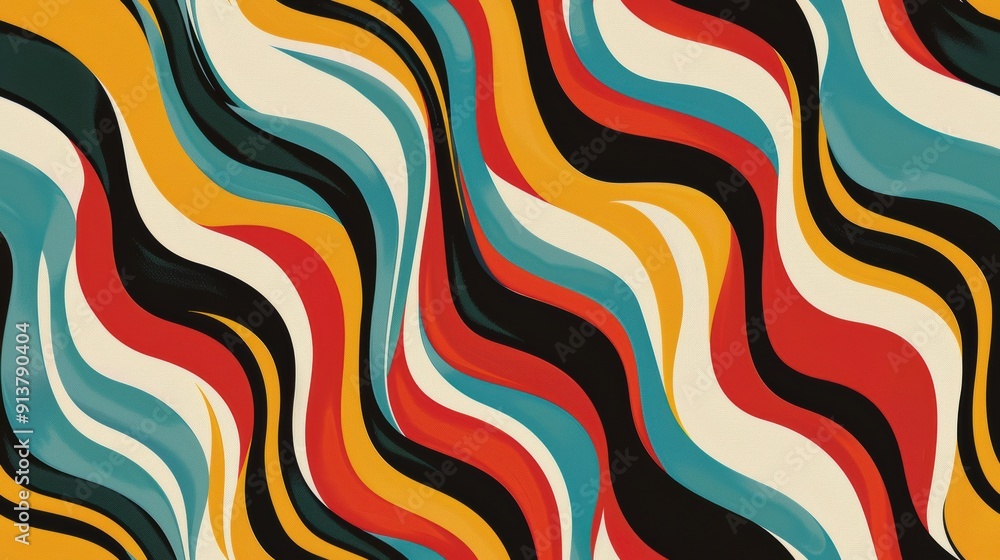 Poster A colorful abstract pattern featuring wavy lines in shades of yellow, red, black, blue, and white. The lines are drawn in a dynamic and flowing style, creating a sense of movement and energy.