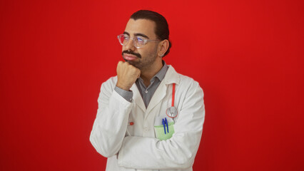 Young hispanic man wearing glasses and a white coat with a red stethoscope, posed against a vibrant...