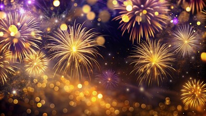 Fototapeta premium Combination of shimmering bokeh and dazzling fireworks in gold and violet, perfect for adding a touch of New Year's Eve magic to your greeting cards, social media posts, or presentations.