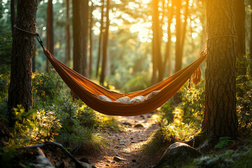 Tranquil hammock suspended between trees, bathed in warm sunlight, inviting relaxation in a serene forest setting.