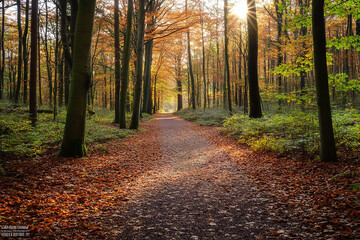 Obraz premium Peaceful Hiking Trail Through Autumn Woods with Leaf Carpet 