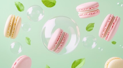 Whimsical Pastel Macarons and Soap Bubbles in Anime-inspired Dreamy Setting, Generative Ai