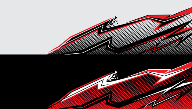 Car decals with black and red stripes, wraps sticker design with halftone pattern