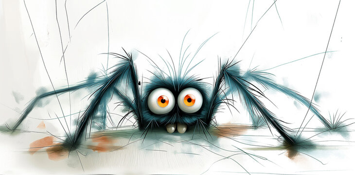Delightful Halloween decorated black spider cartoon artwork painted adorably on a white background for themed cards.