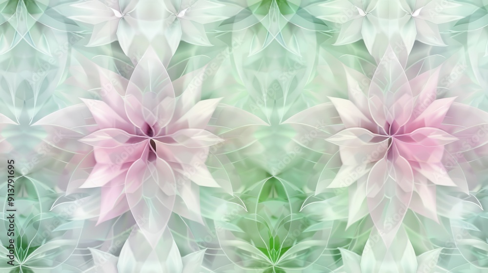 Poster A seamless pattern of delicate, abstract, translucent flowers in soft pastel hues of green and pink. The flowers are layered and overlapping, creating a sense of depth and movement. The background is 