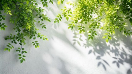 This captivating background features ethereal leaf patterns softly blurred on a white canvas. The delicate design evokes the essence of spring, perfect for showcasing seasonal products.