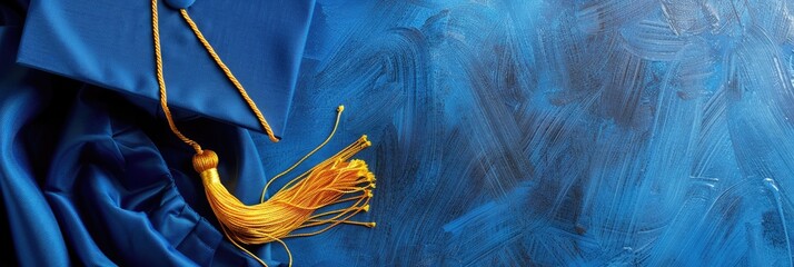 Blue graduation cap with yellow tassel on blue gown with room for text