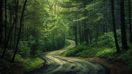 Obraz premium Winding Road Through Lush Green Forest