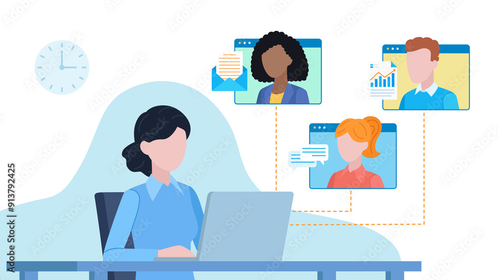 Poster flat design illustration. an employee is having a conversation with her co-workers. documents and in