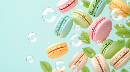 Whimsical Anime-Inspired Scene with Colorful Macarons, Soap Bubbles, and Fresh Green Leaves on Light Background, Generative Ai