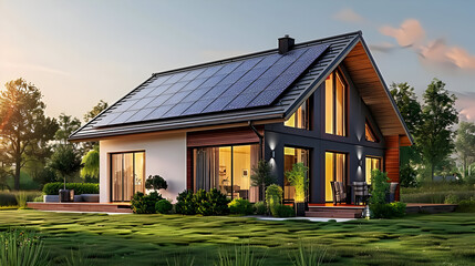 Modern House with Solar Panels on Roof - 3D Illustration