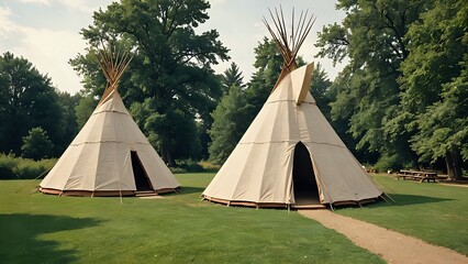 Two white teepees in a grassy field surrounded by trees.