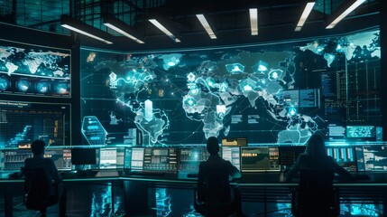 Network Operations Center with Engineers Monitoring Global Data Flow in Real-Time, Futuristic Data Transmission