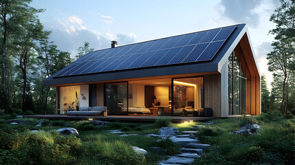 Modern home with solar panels and forest view.