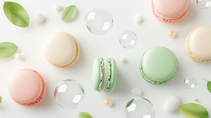 Obraz premium Whimsical Anime-Inspired Composition with Macarons, Soap Bubbles, and Fresh Foliage on Light Background, Generative Ai
