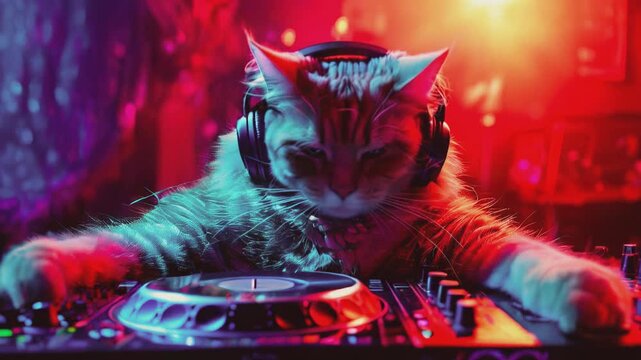 DJ cat rocks the turntables against a backdrop of vibrant neon lights. This quirky and entertaining scene combines feline charm with energetic party vibes, creating a fun and lively atmosphere