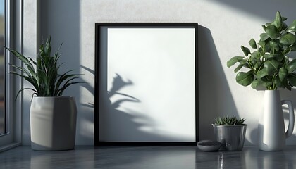 Closeup Minimalist Mockup Frame on Table in Contemporary Kitchen