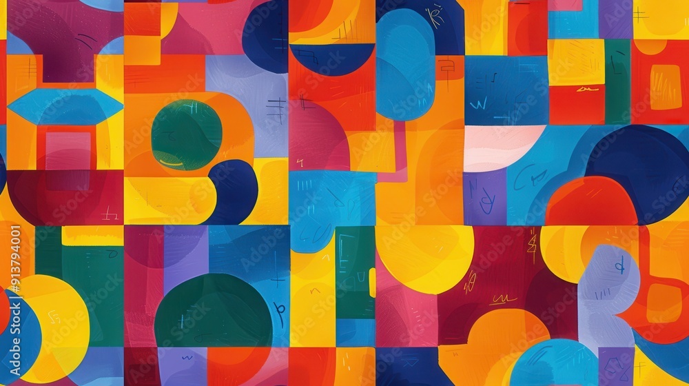 Poster A colorful abstract geometric pattern featuring overlapping shapes in various colors, including red, orange, yellow, green, blue, purple, and pink. The shapes are arranged in a grid-like pattern, crea