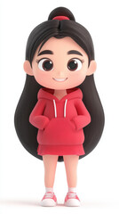 A cute girl in a red hoodie and short skirt, facing the camera with a bright smile, styled in vibrant 3D cartoon art.