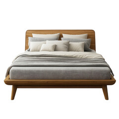 Modern wooden bed with plush pillows and soft bedding, perfect for a cozy bedroom ambiance.