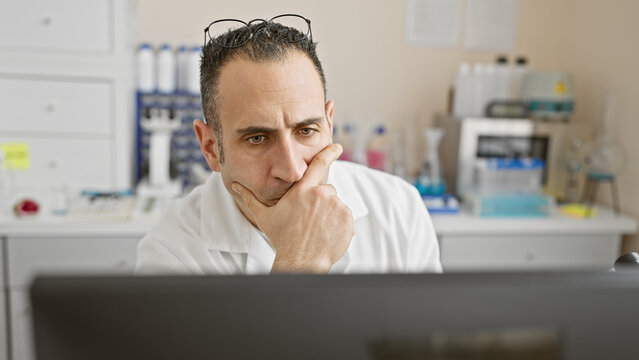 A thoughtful man in a white lab coat ponders at a computer in a medical laboratory setting.