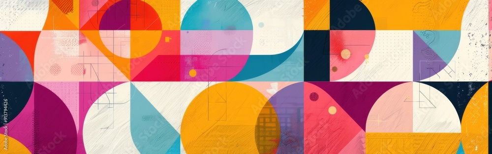 Aufkleber A colorful abstract design composed of various shapes, primarily circles and squares, in a grid-like pattern. Bright colors like red, orange, yellow, blue, green, purple, and pink are used to create a