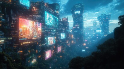 A futuristic depiction of the Great Wall of China, with vibrant digital billboards and advanced technology seamlessly integrated into the ancient structure, surrounded by a glowing, cybernetic