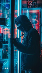 Fototapeta premium Masked Thief Using Laser Cutter in Daring Heist with Security Beams in Dimly Lit Room
