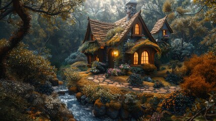Fototapeta premium A painting of a house situated in a forest with a stream flowing through it, dividing the building in two parts