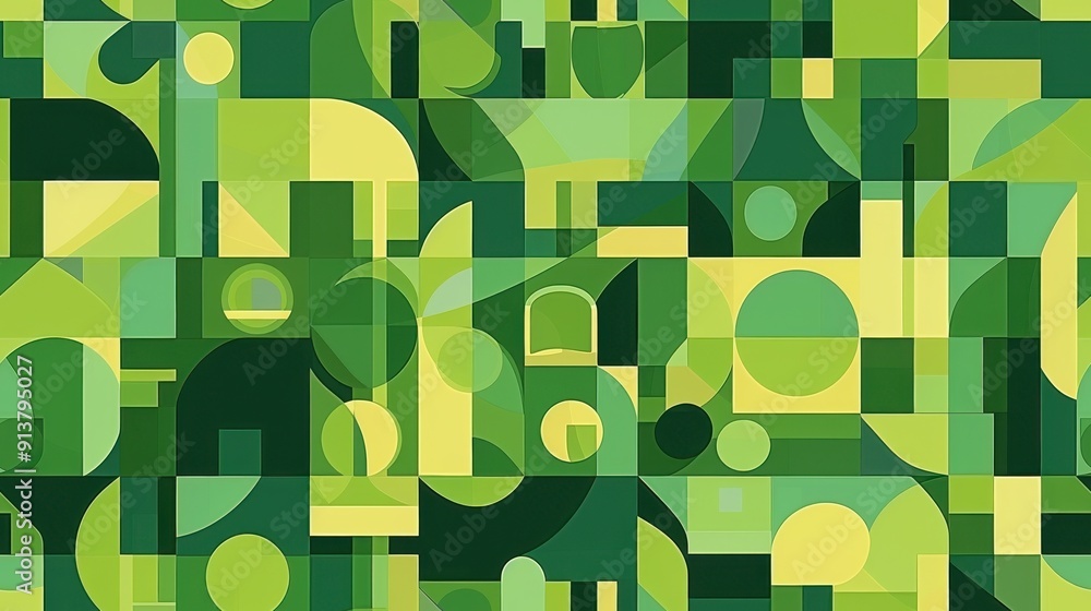 Poster A digital illustration of a seamless pattern with an abstract design. The pattern is comprised of geometric shapes in various shades of green and yellow.