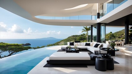 Fototapeta premium A modern, black house with a large swimming pool overlooking the ocean.