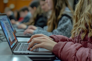 Student Engaged with Laptop in Class: Modern Learning Environment Captured in Sharp Focus