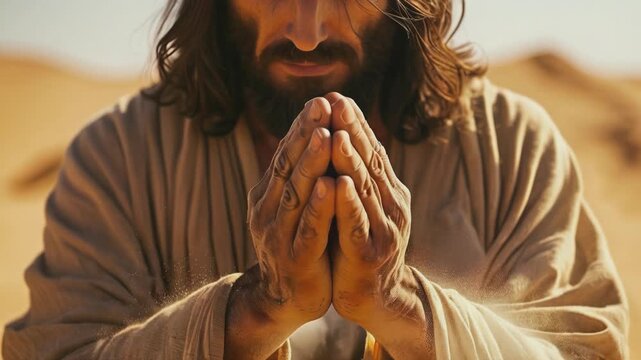 Jesus Christ prays in the desert. This scene is ideal for religious, educational, and inspirational content