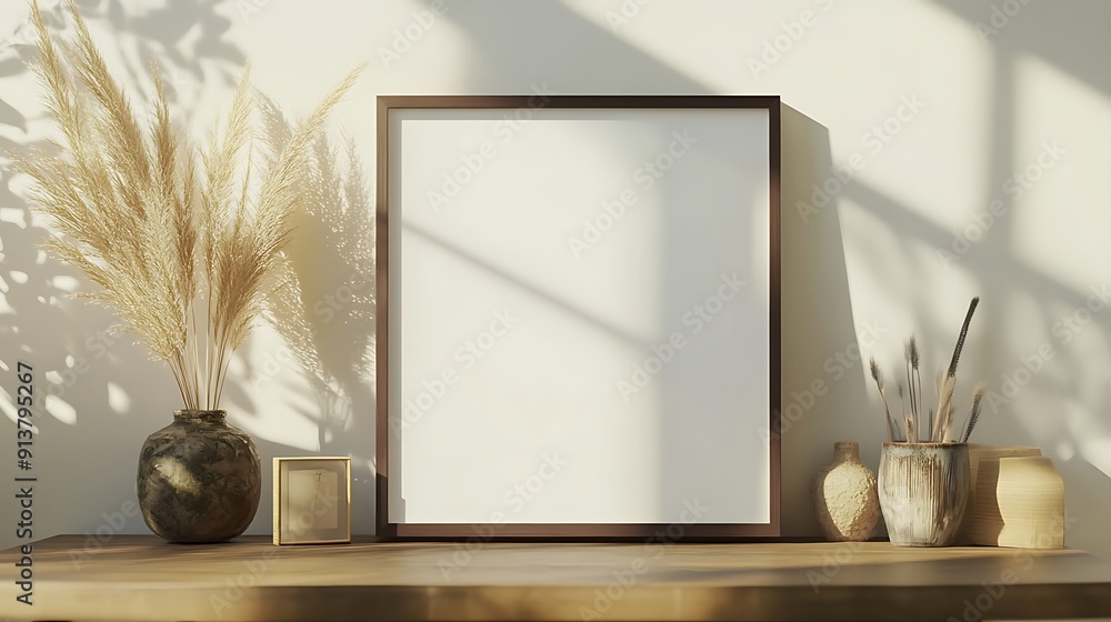 Poster closeup minimalist mockup frame on table in vintage study