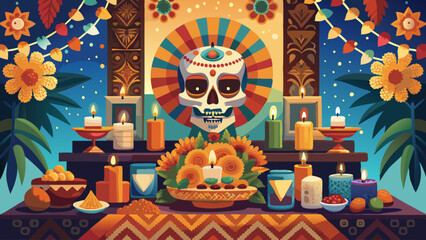 Vibrant Day of the Dead Altar with Traditional Offerings
