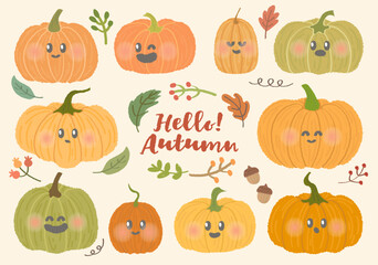 Set of hand drawn cartoon style colorful various cute pumpkin with face emoticon. Autumn cartoon style lettering hello autumn season handwritten slogan. Cozy fall pumpkin facial. Acorns, leaves