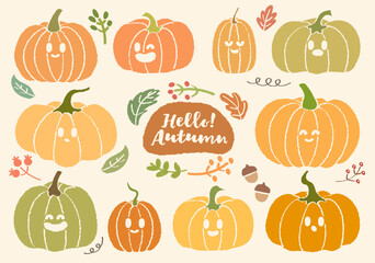 Set of hand drawn cartoon style colorful various cute pumpkin with face emoticon. Autumn cartoon style lettering hello autumn season handwritten slogan. Cozy fall pumpkin facial. Acorns, leaves