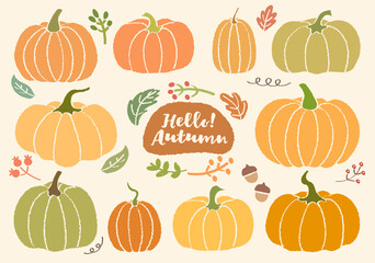 Set of hand drawn style colorful various pumpkins and autumn leaves  pattern vector. Fall vector elements set. Autumn cartoon style lettering hello autumn season handwritten slogan. Cozy fall. Acorns