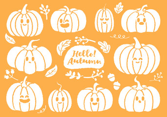 Set of hand drawn cartoon style colorful various cute pumpkin with face emoticon. Autumn cartoon style lettering hello autumn season handwritten slogan. Cozy fall pumpkin facial. Acorns, leaves