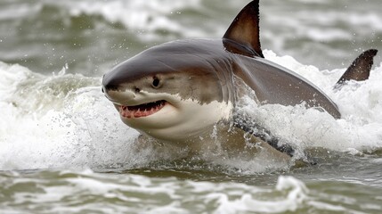 Fototapeta premium A fierce great white shark emerges with bared teeth from turbulent ocean waves.